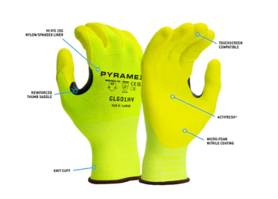 Pyramex Hi-Vis Microfoam Nitrile Dipped A1 Cut Level Gloves