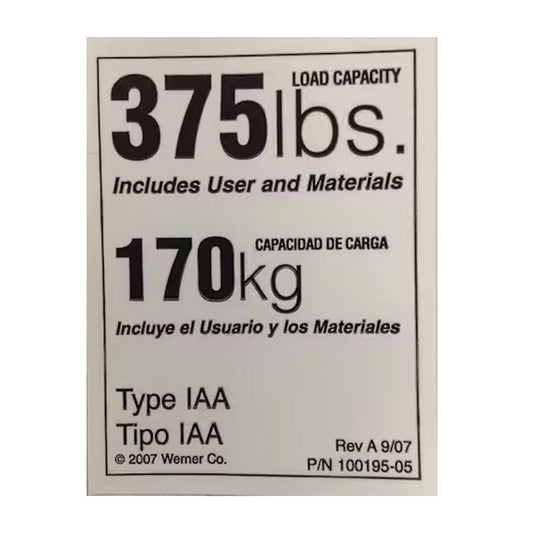 Werner Replacement Duty Rating 375lb Ladder Sticker